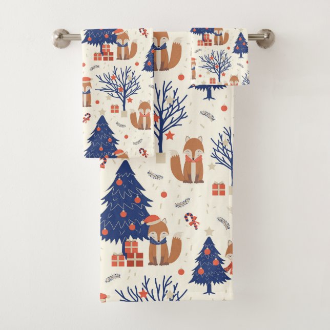 Festive Christmas Holiday fox tiled Bath Towel Set (Insitu)