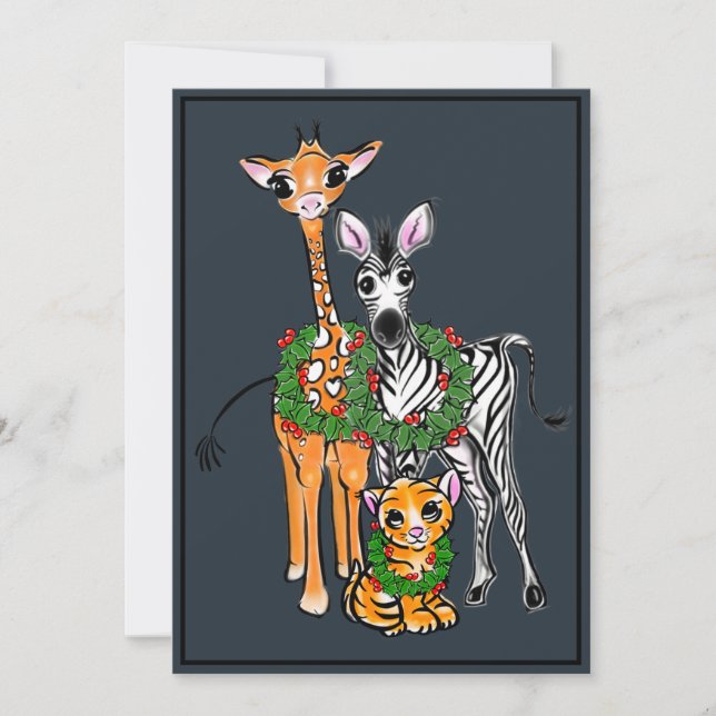 Festive Christmas Holiday Giraffe, Zebra, Tiger Card (Front)