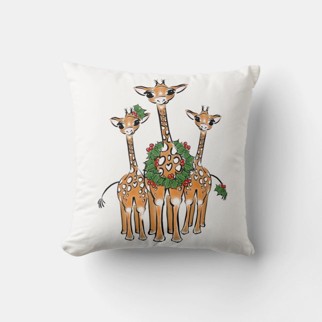 Festive Christmas Holiday Giraffes, wreath Throw Pillow (Front)