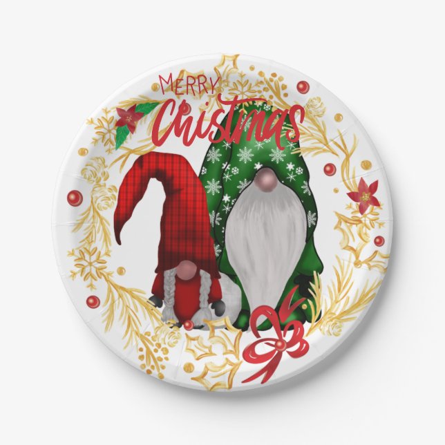 Festive Christmas Holiday Gnomes Paper Plates (Front)
