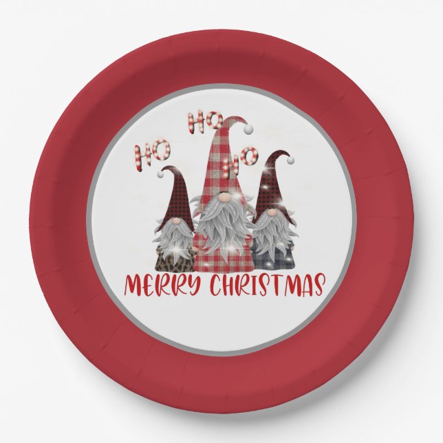festive Christmas Holiday gnomes party Paper Plates (Front)