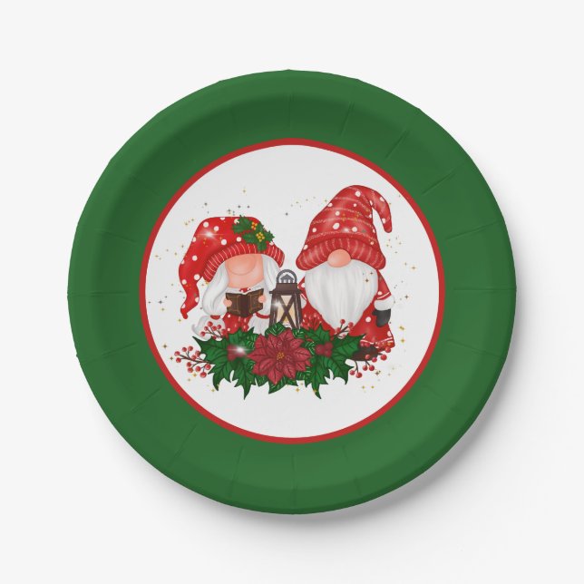 festive Christmas Holiday gnomes party Paper Plates (Front)