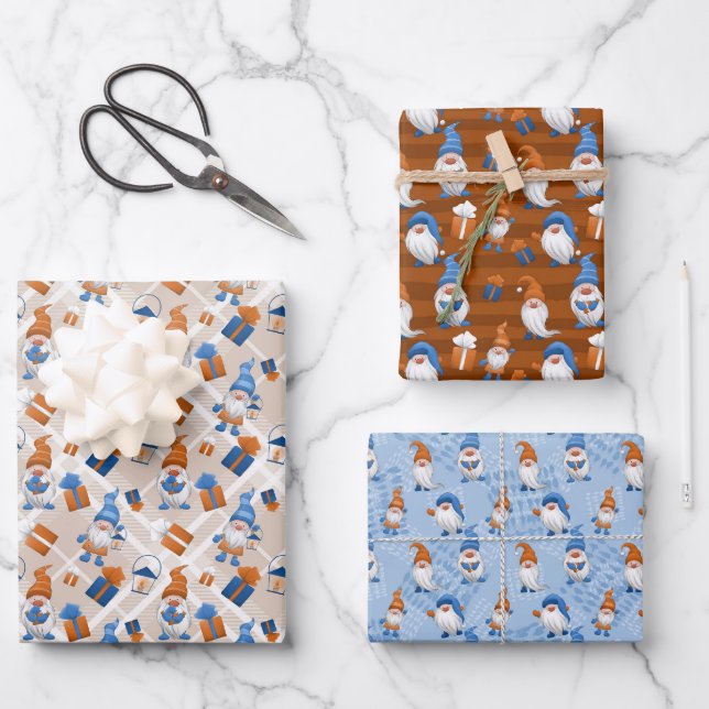 Festive Christmas Holiday gnomes tiled pattern Wrapping Paper Sheets (Front)