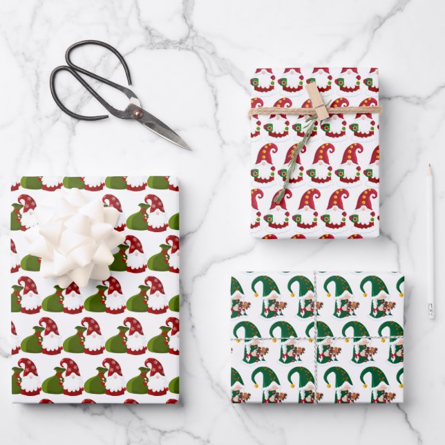 festive Christmas Holiday gnomes tiled Wrapping Paper Sheets (Front)