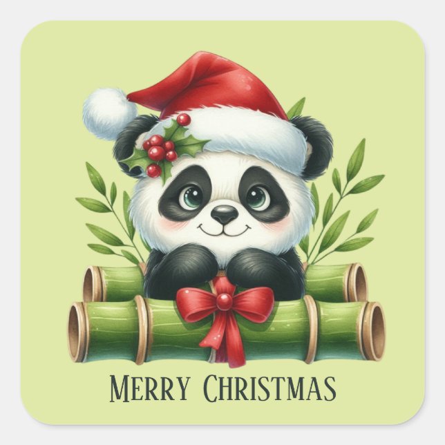 Festive Christmas Holiday Panda bear add text  Square Sticker (Front)
