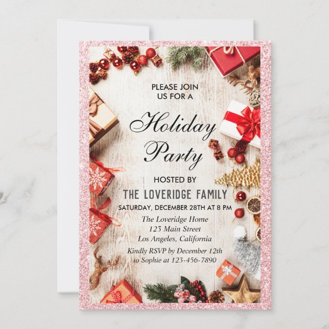 Festive Christmas Holiday Party Rose Gold Glitter Invitation (Front)