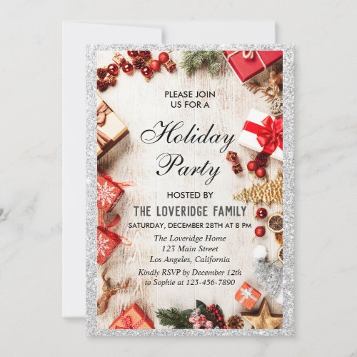Festive Christmas Holiday Party Silver Glitter Invitation