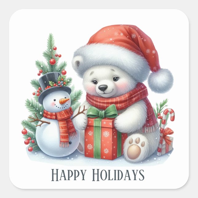 Festive Christmas Holiday polar bear add text  Square Sticker (Front)