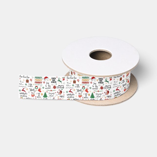 Festive Christmas Holiday Sayings and Graphics Satin Ribbon (Spool)