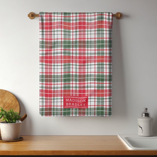 Festive Christmas Holiday Tartan Personalized Name Kitchen Towel (Creator Uploaded)