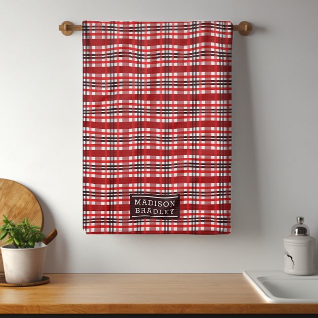Festive Christmas Holiday Tartan Personalized Name Kitchen Towel (Creator Uploaded)