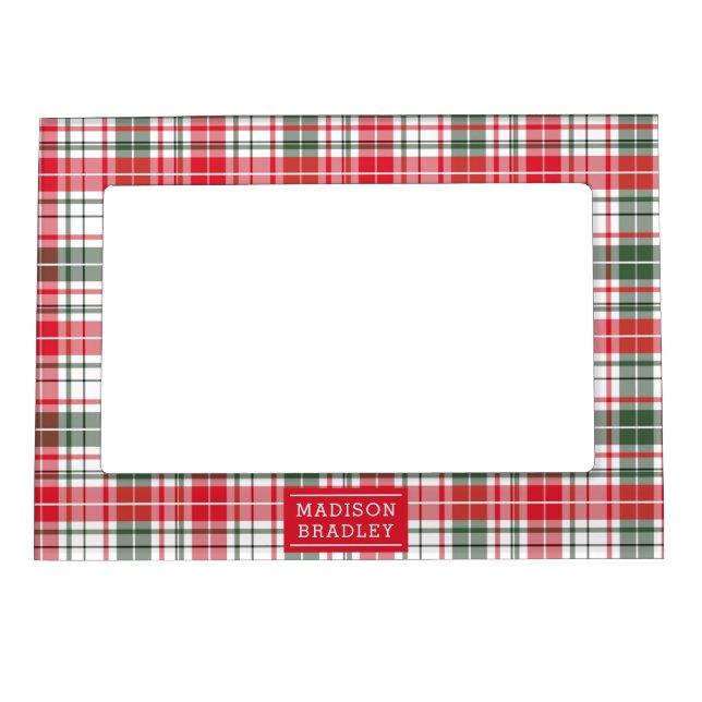 Festive Christmas Holiday Tartan Personalized Name Magnetic Frame (Front)