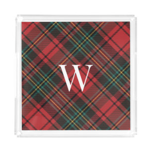 Festive Christmas Holiday Tartan Plaid + Monogram Acrylic Tray