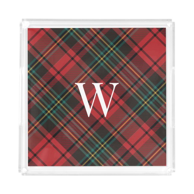 Festive Christmas Holiday Tartan Plaid + Monogram Acrylic Tray (Front)