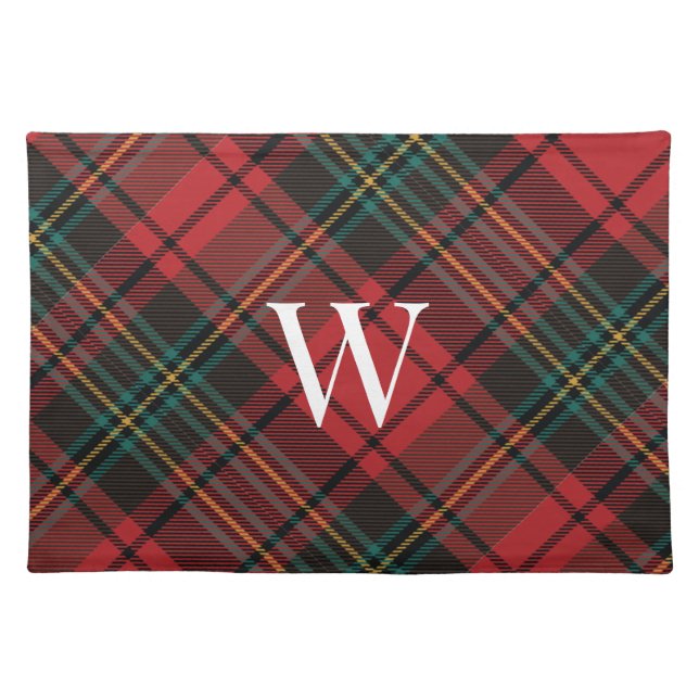 Festive Christmas Holiday Tartan Plaid + Monogram Cloth Placemat (Front)