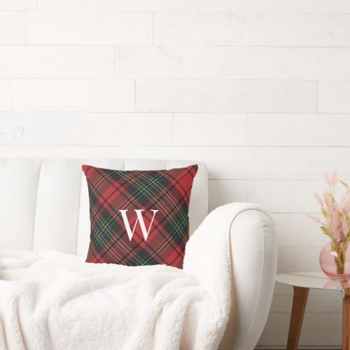 Festive Christmas Holiday Tartan Plaid  Monogram  Throw Pillow