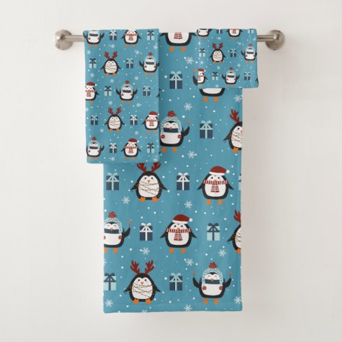 festive Christmas Holiday tiled pattern penguin Bath Towel Set
