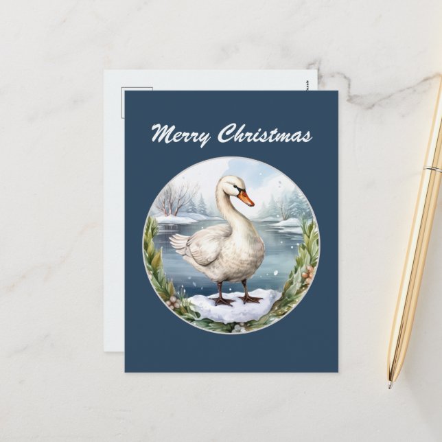 Festive Christmas Holiday watercolor swan (Front/Back In Situ)