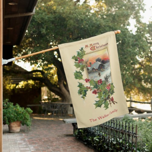 Festive Christmas Holly and Rustic Winter Scene House Flag