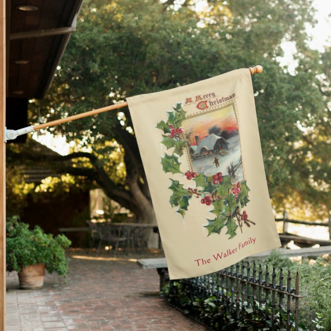 Festive Christmas Holly and Rustic Winter Scene House Flag (In SItu)