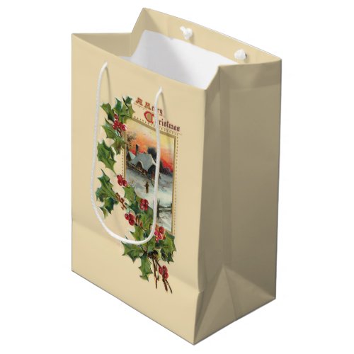 Festive Christmas Holly and Rustic Winter Scene Medium Gift Bag