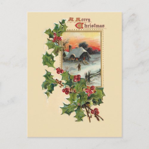 Festive Christmas Holly and Rustic Winter Scene Postcard