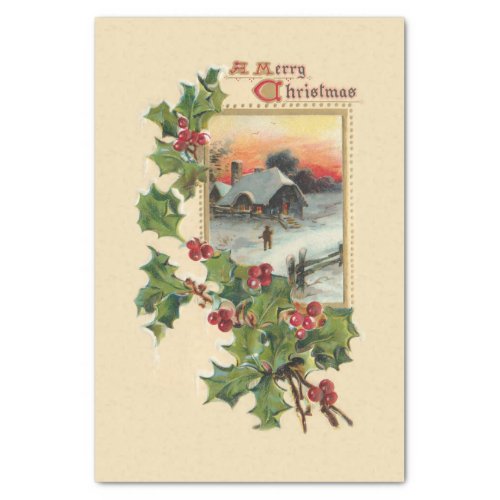Festive Christmas Holly and Rustic Winter Scene Tissue Paper