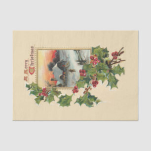Festive Christmas Holly and Rustic Winter Scene Tissue Paper