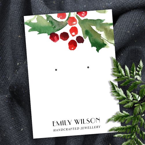 FESTIVE CHRISTMAS HOLLY BERRY STUD EARRING DISPLAY BUSINESS CARD