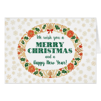 Festive Christmas Holly Wreath with Snowflakes Cards