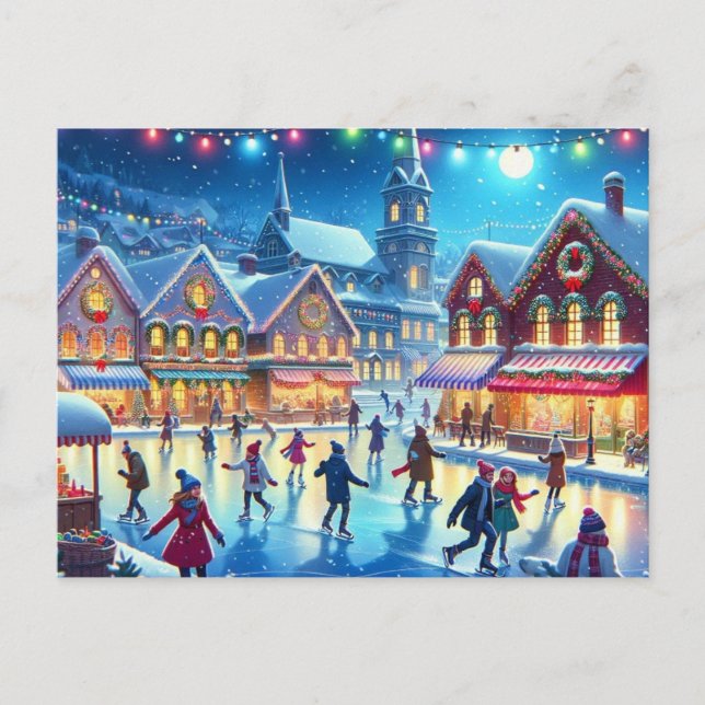 Festive Christmas Ice Skating Scene Postcard (Front)