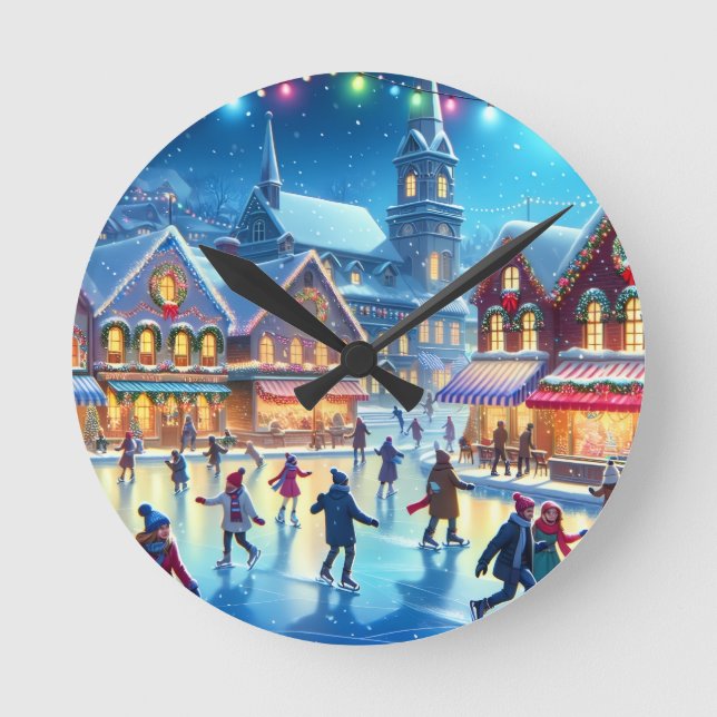 Festive Christmas Ice Skating Scene Round Clock (Front)