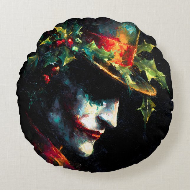 Festive Christmas Joker Portrait Round Pillow (Front)
