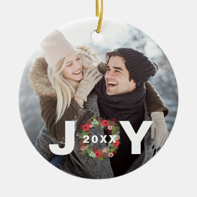Festive Christmas Joy with Wreath and Year Photo Ceramic Ornament (Front)