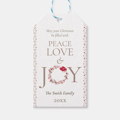 Festive Christmas JOY Wreath  Red Beige Gift Tags