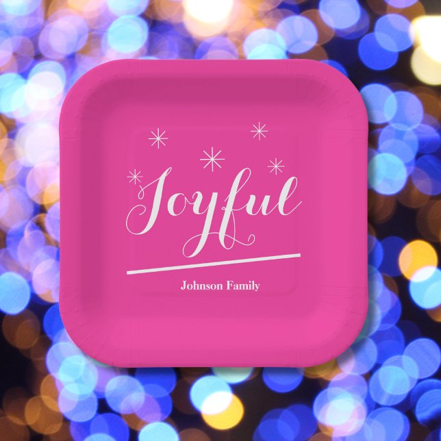 Festive Christmas Joyful Name Modern Chic Pink  Paper Plates (Add some excitement with these Joyful hot pink paper plates.)