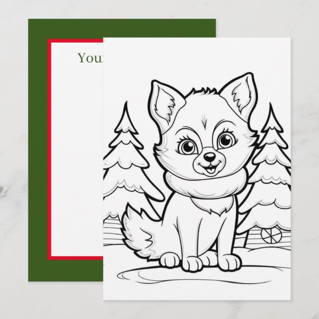 Festive Christmas kids coloring fox Holiday Card (Front/Back)
