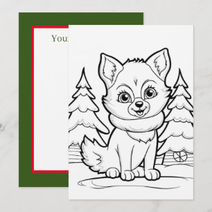 Festive Christmas kids coloring fox Holiday Card