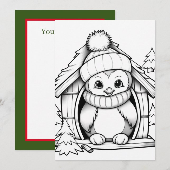 Festive Christmas kids coloring penguin Holiday Card (Front/Back)