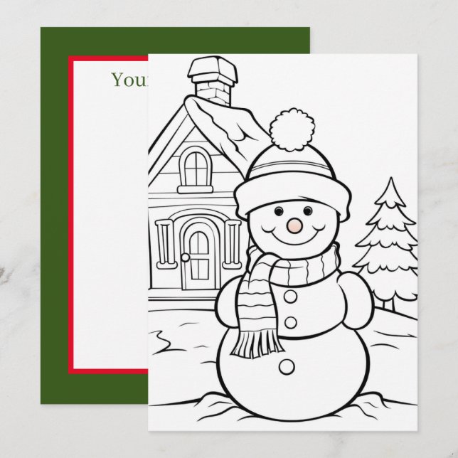 Festive Christmas kids coloring snowman Holiday Card (Front/Back)