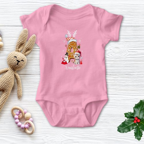 Festive Christmas Kitten Gingerbread Letter A Girl Baby Bodysuit