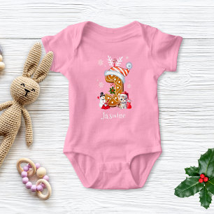 Festive Christmas Kitten Gingerbread Letter J Girl Baby Bodysuit