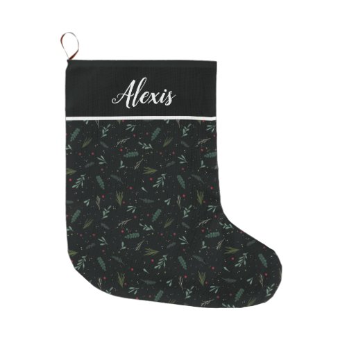 Festive Christmas Leaves Berries Black Large Christmas Stocking