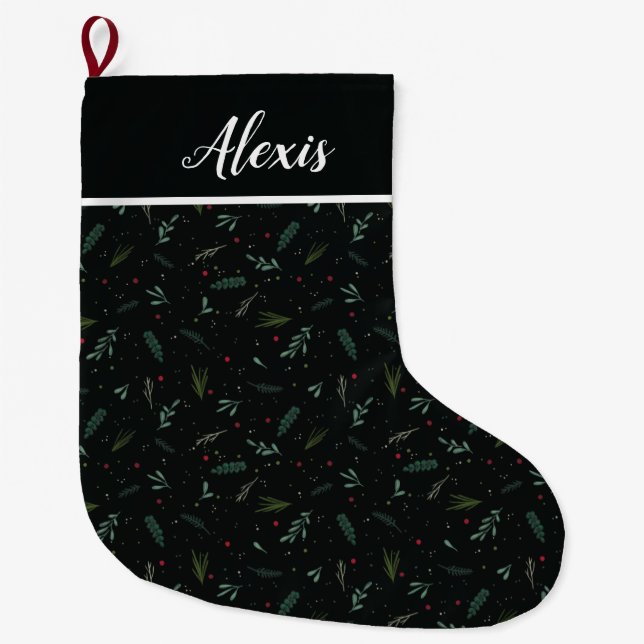 Festive Christmas Leaves Berries Black Large Christmas Stocking (Front)