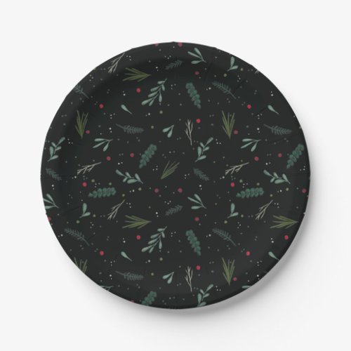 Festive Christmas Leaves Berries Black Paper Plates