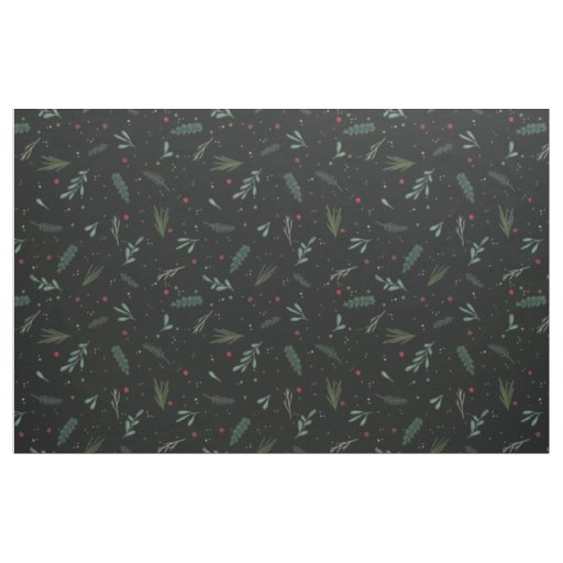 Festive Christmas Leaves Berries Botanical Black Fabric