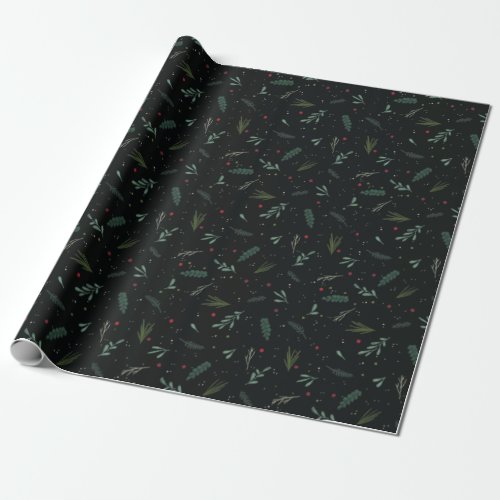 Festive Christmas Leaves Berries Botanical Black Wrapping Paper