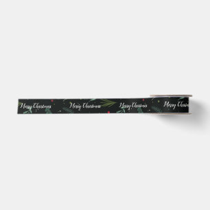 Festive Christmas Leaves Berries Botanical Narrow Satin Ribbon