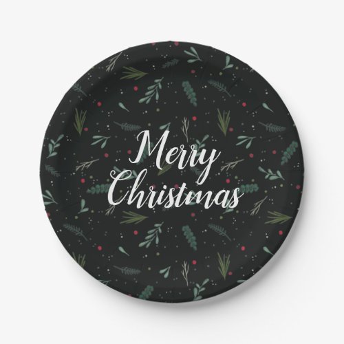 Festive Christmas Leaves Berries Greeting Paper Plates