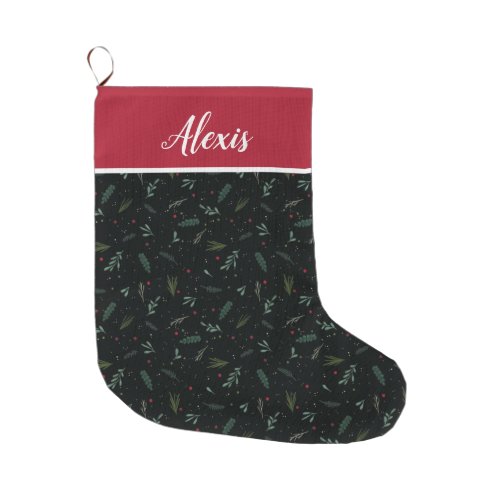 Festive Christmas Leaves Berries Red Large Christmas Stocking